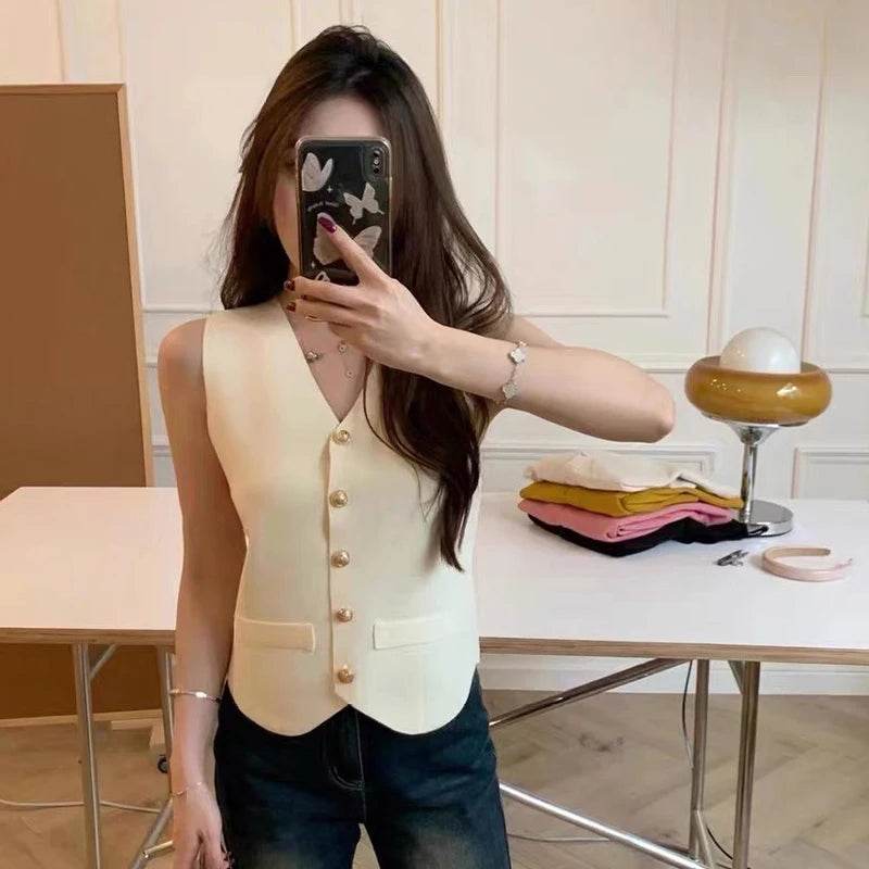 TEROKK Women's V-Neck Knitted Vest - Slim Fit, Solid Color Style - Buy Center