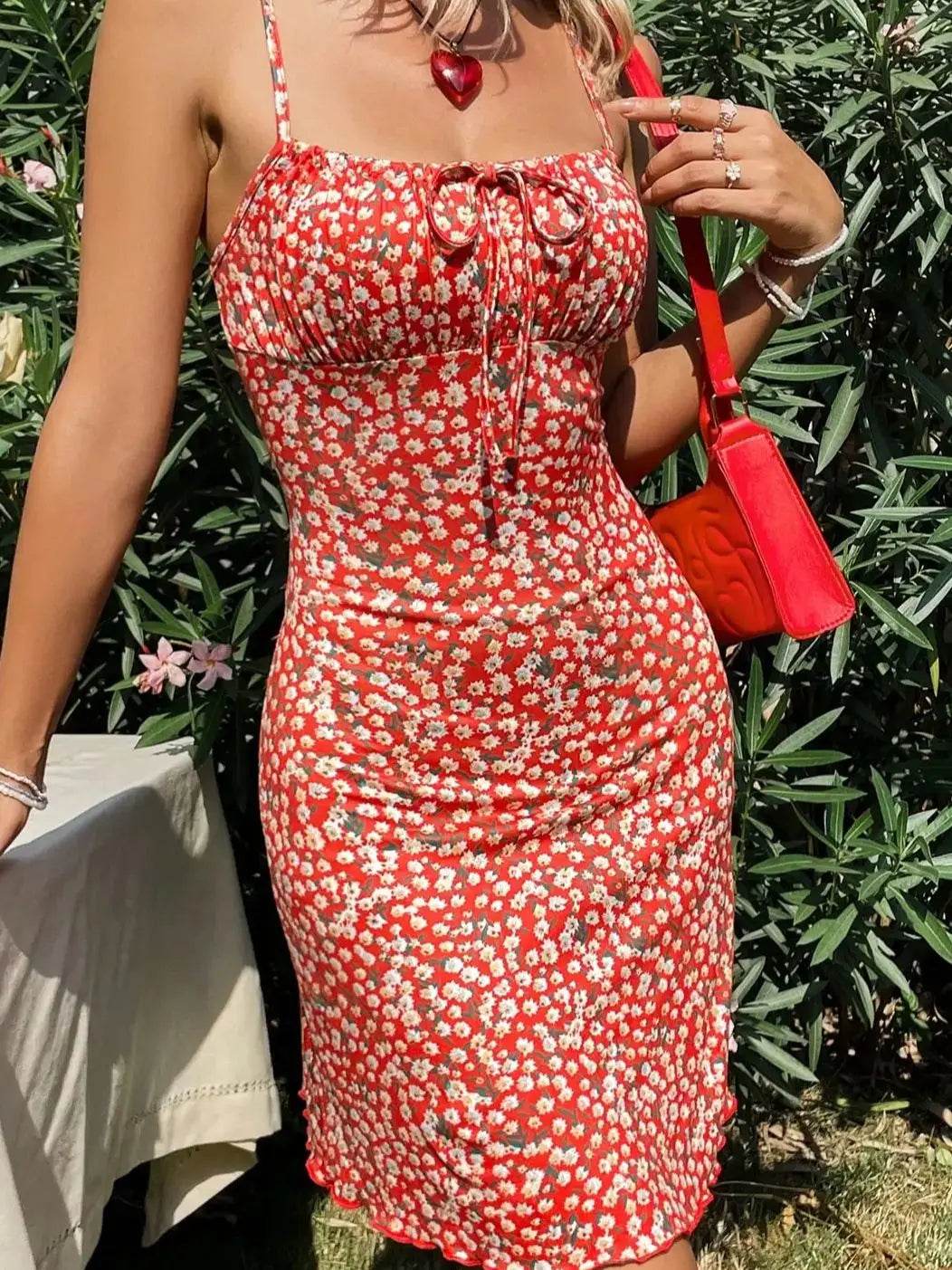 Stylish Red Floral Dress for Women - Spaghetti Strap Summer Frock - Buy Center