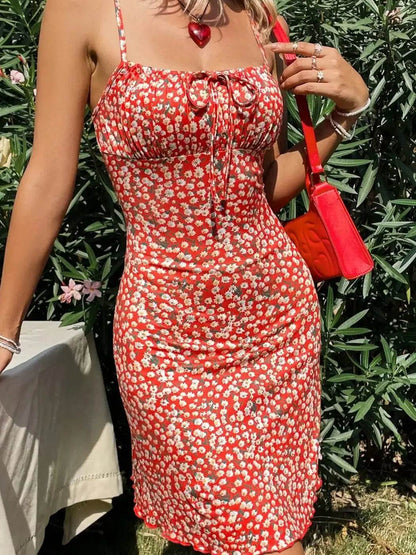 Stylish Red Floral Dress for Women - Spaghetti Strap Summer Frock - Buy Center
