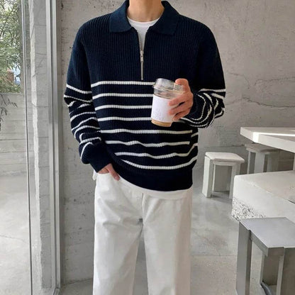 Autumn Korean Men's Light Style Lapel Long Sleeve Sweater Fashion High-end Loose Retro Casual Half Zip Striped Sweater Top - Buy Center