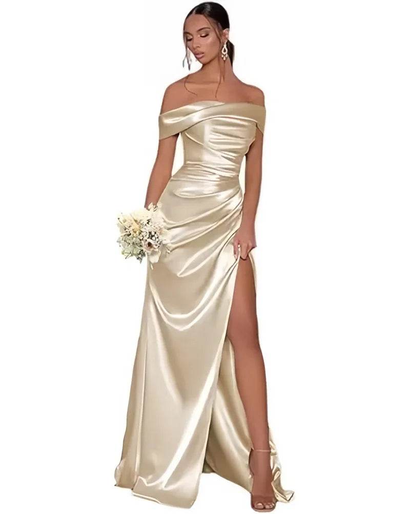 Stunning Off The Shoulder Satin Mermaid Prom Dress - High Split Design - Buy Center
