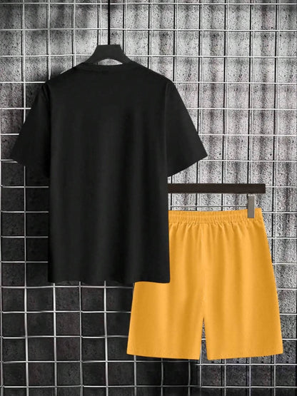 Men's Color-Blocked Casual Suit - Short Sleeves & Drawstring Shorts - Buy Center