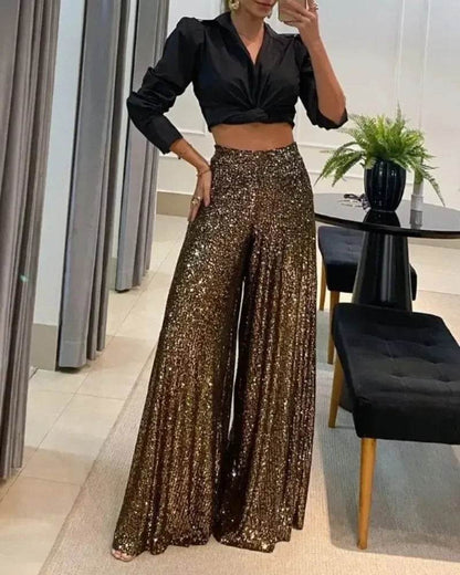 Elegant Sequin High Waist Wide Leg Pants for Women - Casual Style - Buy Center