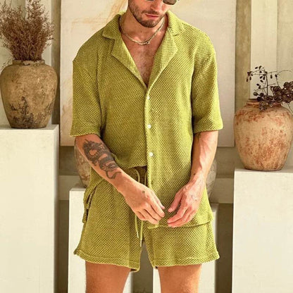 Men's Casual Summer Set - Breathable Knitted Short Sleeve Shirt & Shorts - Buy Center