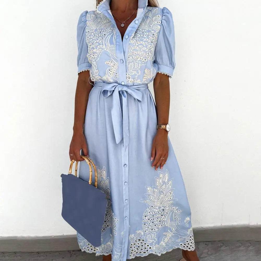 Elegant Women’s Lace-up Maxi Dress - Summer Puff Sleeve A-Line - Buy Center