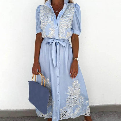 Elegant Women’s Lace-up Maxi Dress - Summer Puff Sleeve A-Line - Buy Center
