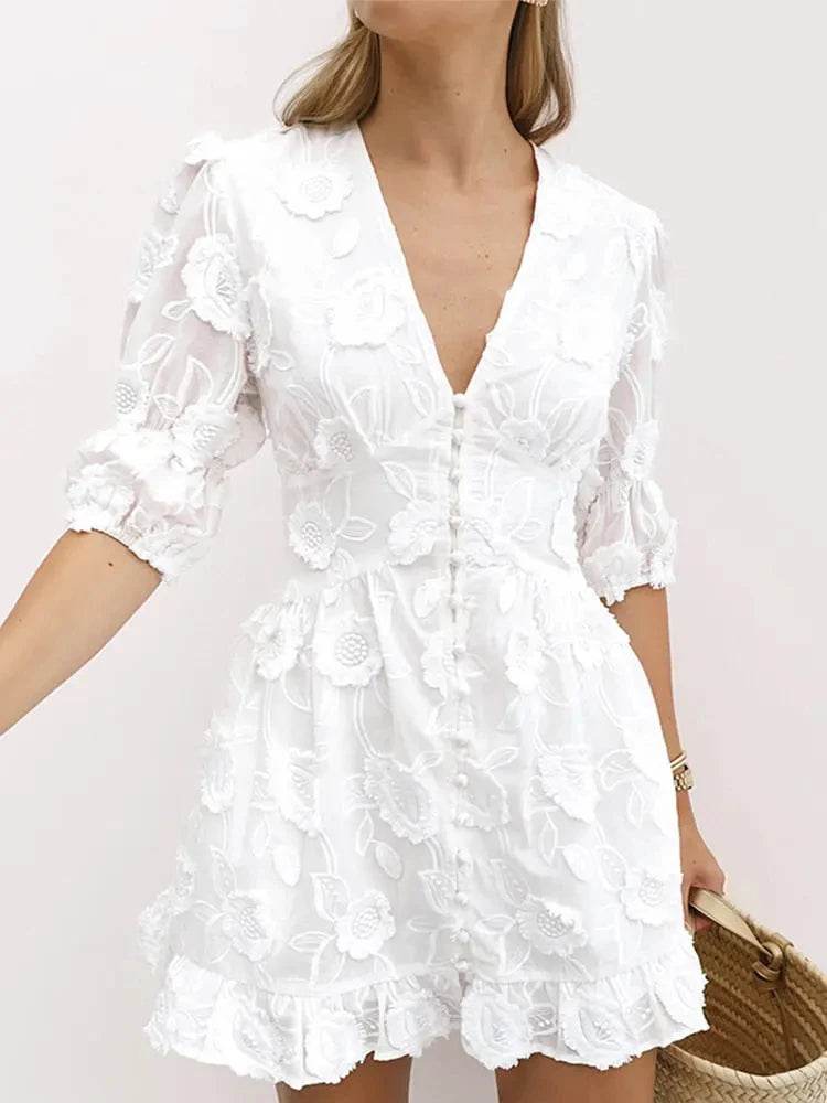 Elegant Lace Hollow Out Midi Dress - Women’s V-Neck Spring Style - Buy Center