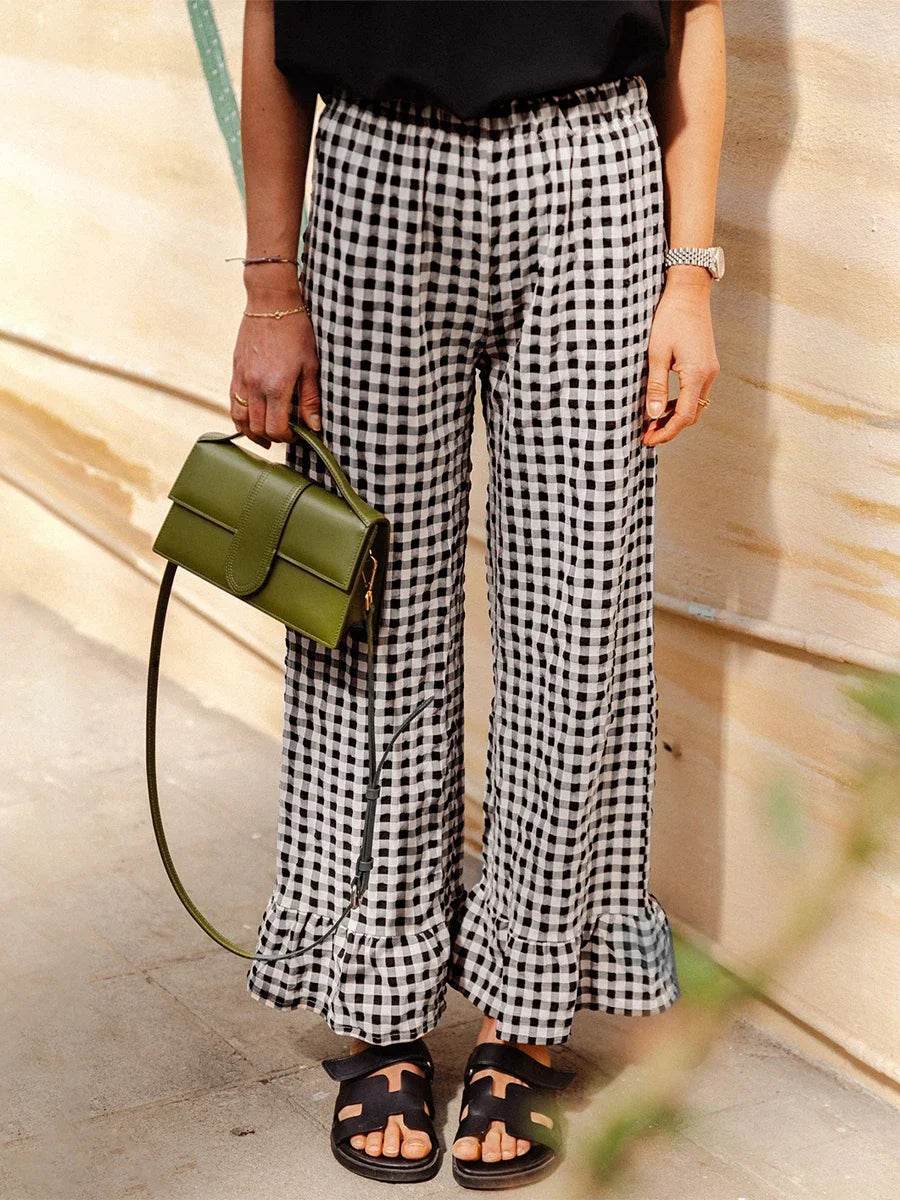 Hirigin Y2K Plaid Wide Leg Pants - Casual Ruffled Hem Trousers - Buy Center