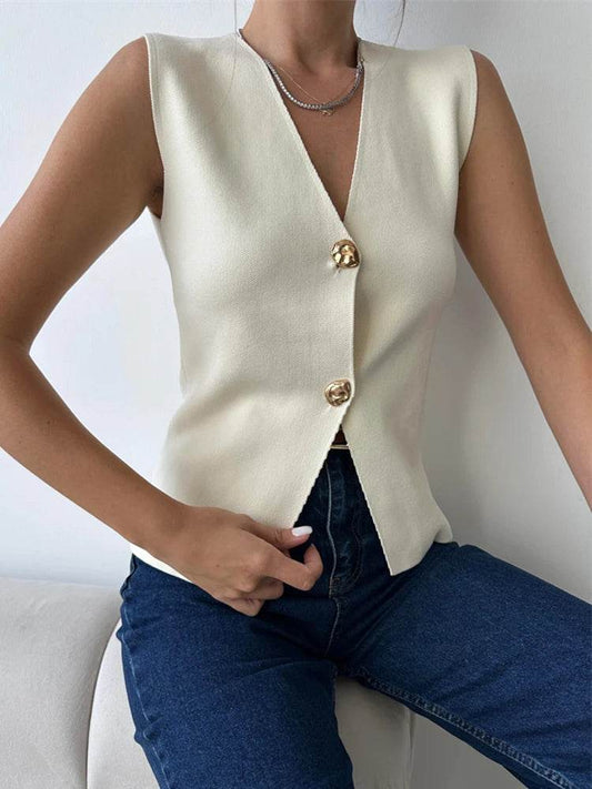 Trendix V Neck Button Knit Vest for Women - Casual Sleeveless Cardigan - Buy Center