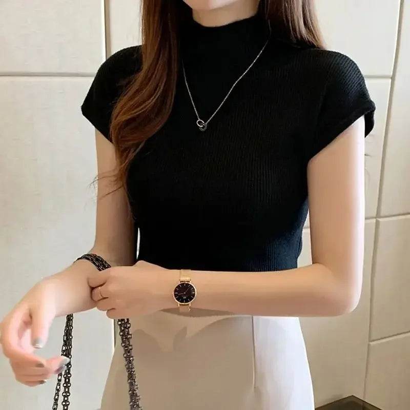 Fictitni Women's Mock Neck Knit Crop Top - Classic Summer Basic - Buy Center