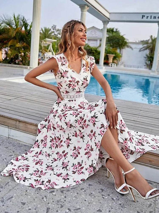 Floral Print Women’s Dress - Lace Collar, Irregular Waist Style - Buy Center