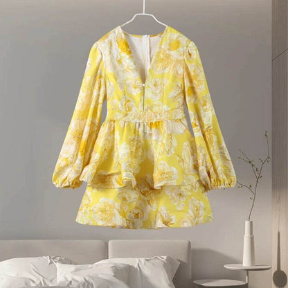 Elegant Ruffles Mini Dress for Women - Deep V Neck, Spring Fashion - Buy Center