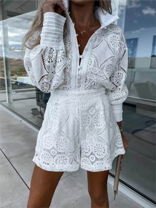 Elegant Vintage White Lace Shirt & Shorts Set for Women - Spring/Summer - Buy Center