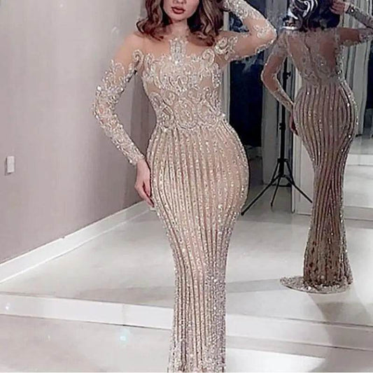 Avalokite Shiny Sequin Long Sleeve Golden Maxi Dress for Weddings - Buy Center