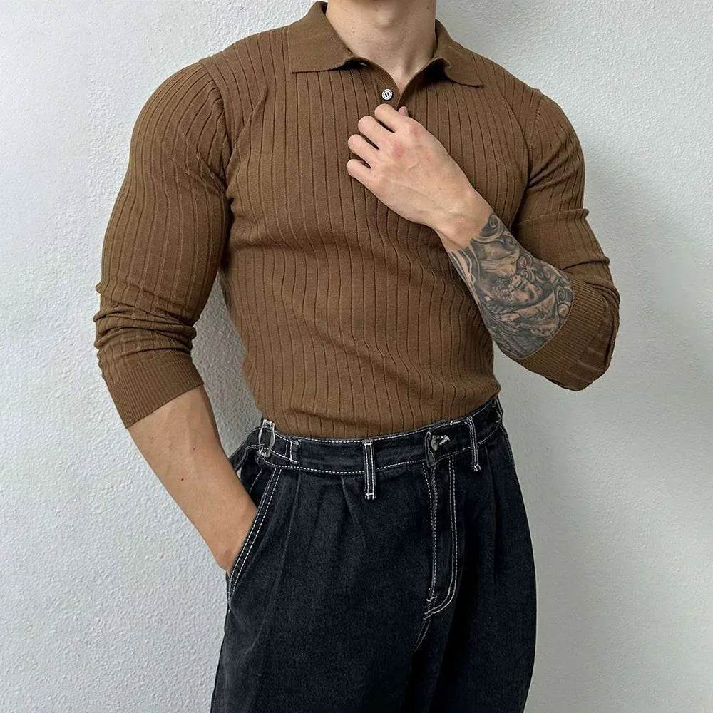 Mens Pullover Polo Korean Retro Stripe Temperament Ribbed Knit Top Autumn Slim Fit Long Sleeve Casual Trend Muscle Men's Clothes - Buy Center
