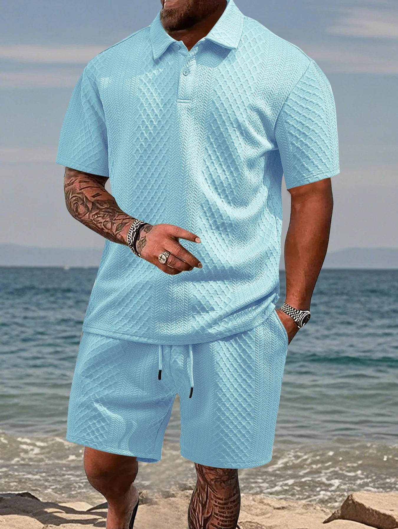 Men's Casual Summer Polo Shirt Set - Short Sleeve Jacquard Texture - Buy Center