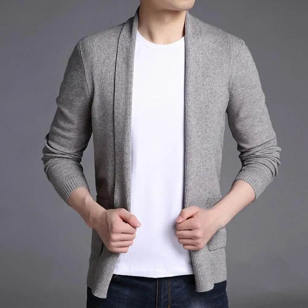 Soft Warm Men’s Cardigan - Solid Color Stretchy Open Stitch Sweater - Buy Center
