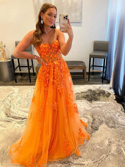 Bridalaffair Orange Lace Appliques A-Line Prom Dress - Sweetheart Neckline - Buy Center
