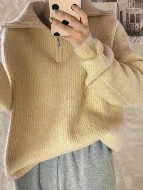 Casual Women's Turtleneck Sweater - Zipper Design, Loose Fit - Buy Center