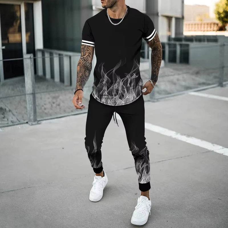 Flame 3D Printed Casual Summer Set - Short Sleeve T-Shirt & Pants - Buy Center