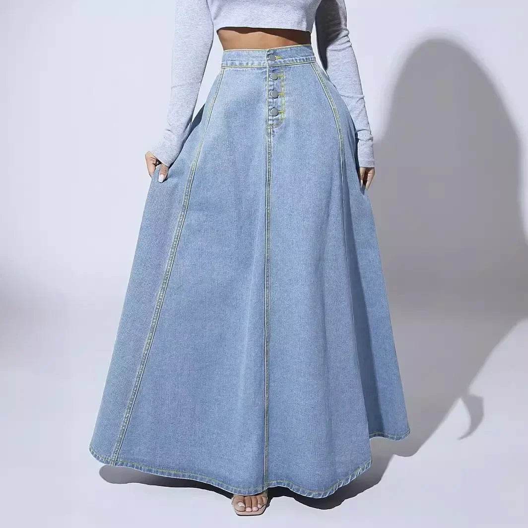 Kalenmos Women's A-Line Denim Maxi Skirt - Casual Vintage Style - Buy Center
