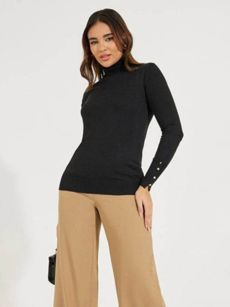 Women's Cropped Turtleneck Sweater with Buttons - Casual Knit Pullover - Buy Center