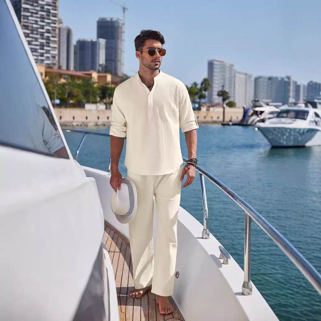 Buycenter Casual Cotton Linen Blouse & Trousers Suit - Long Sleeve - Buy Center