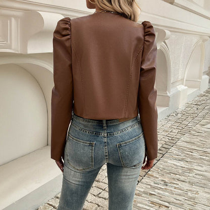 Women's Solid Color Leather Cardigan - Stylish Versatile Coat for All Seasons - Buy Center