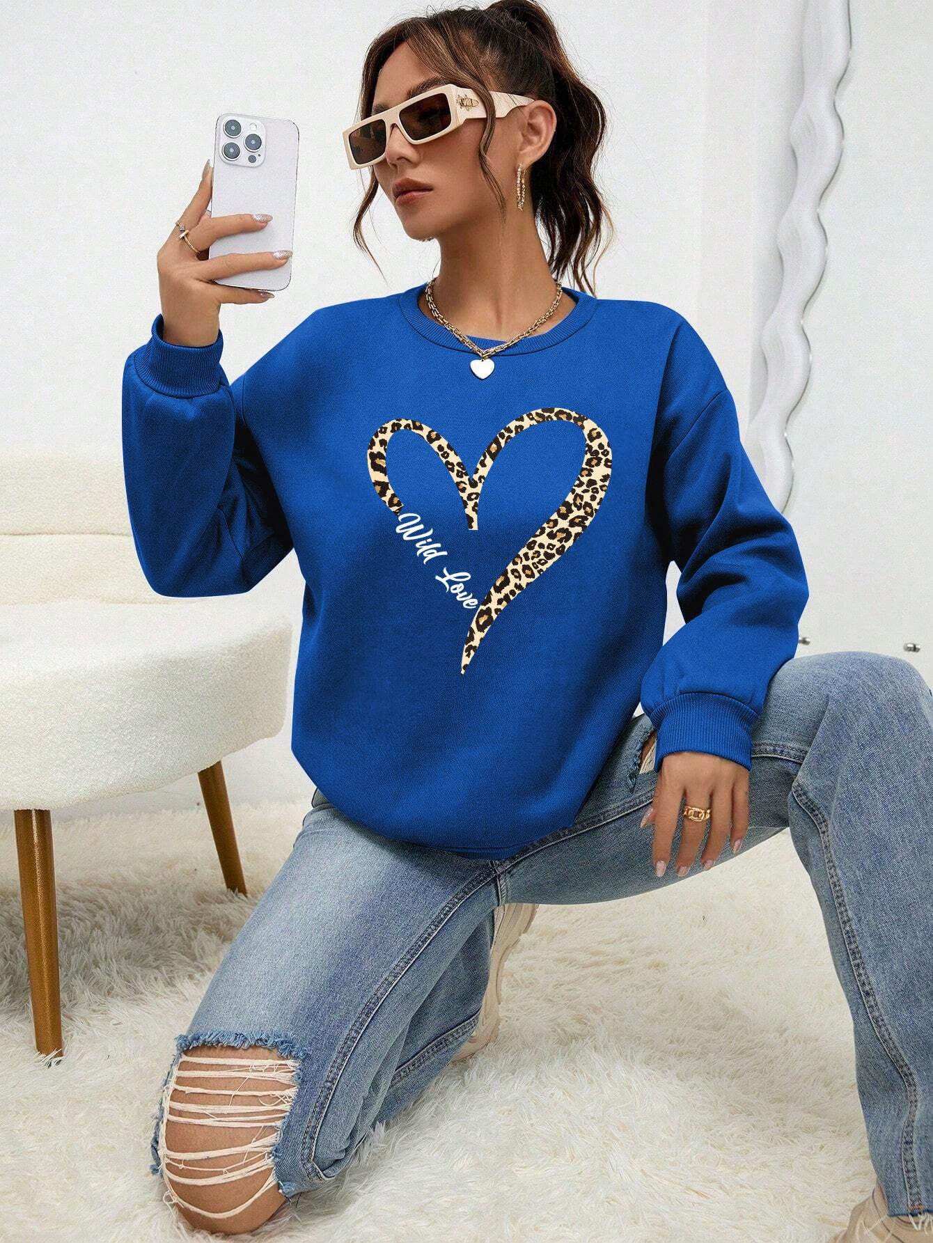 Leopard Wild Heart Pattern Sweatshirt Set - Trendy Pullover for Women - Buy Center