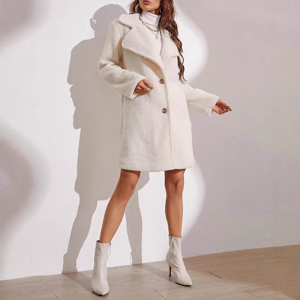 Women's Beige Plush Long Lapel Trench Coat - Stylish & Cozy for Winter - Buy Center