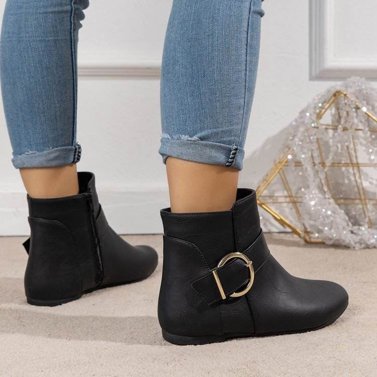 Big Buckle Black Side Zipper Low-Top Martin Boots for Trendy Women - Buy Center