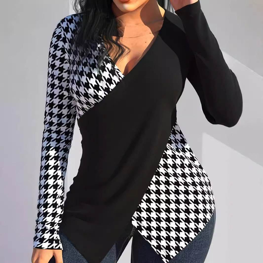 Women's Geometric V-Neck Long Sleeve T-shirt - Stylish Pullover Top 2025 - Buy Center