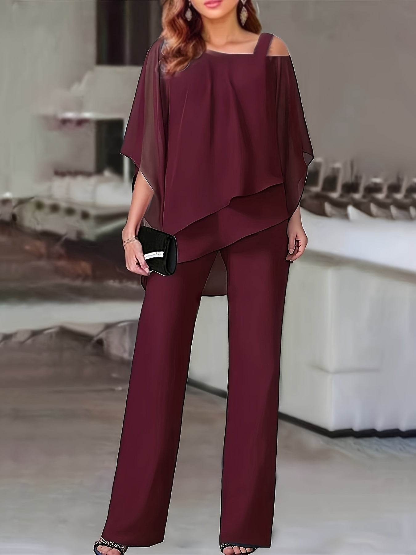 Elegant Off-Shoulder Asymmetrical Blouse & Pants Set - Purple Casual - Buy Center