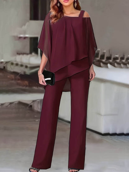 Elegant Off-Shoulder Asymmetrical Blouse & Pants Set - Purple Casual - Buy Center