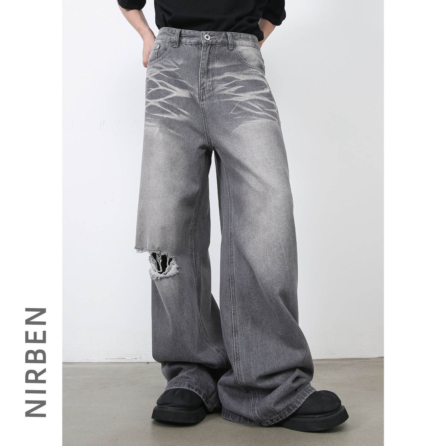 Buycenter Men's American Retro Ripped Loose Jeans - Straight Leg Design - Buy Center