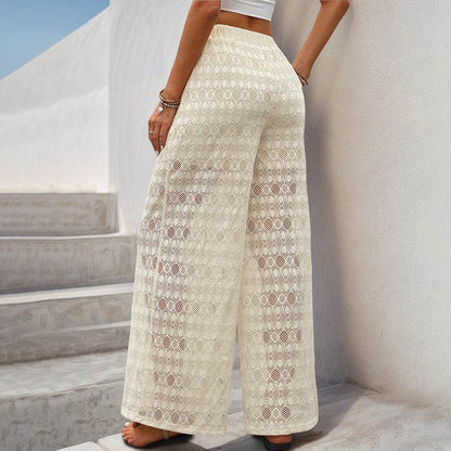 Buycenter Women's High Waist Lace Wide Leg Pants - Elegant Apricot Style - Buy Center