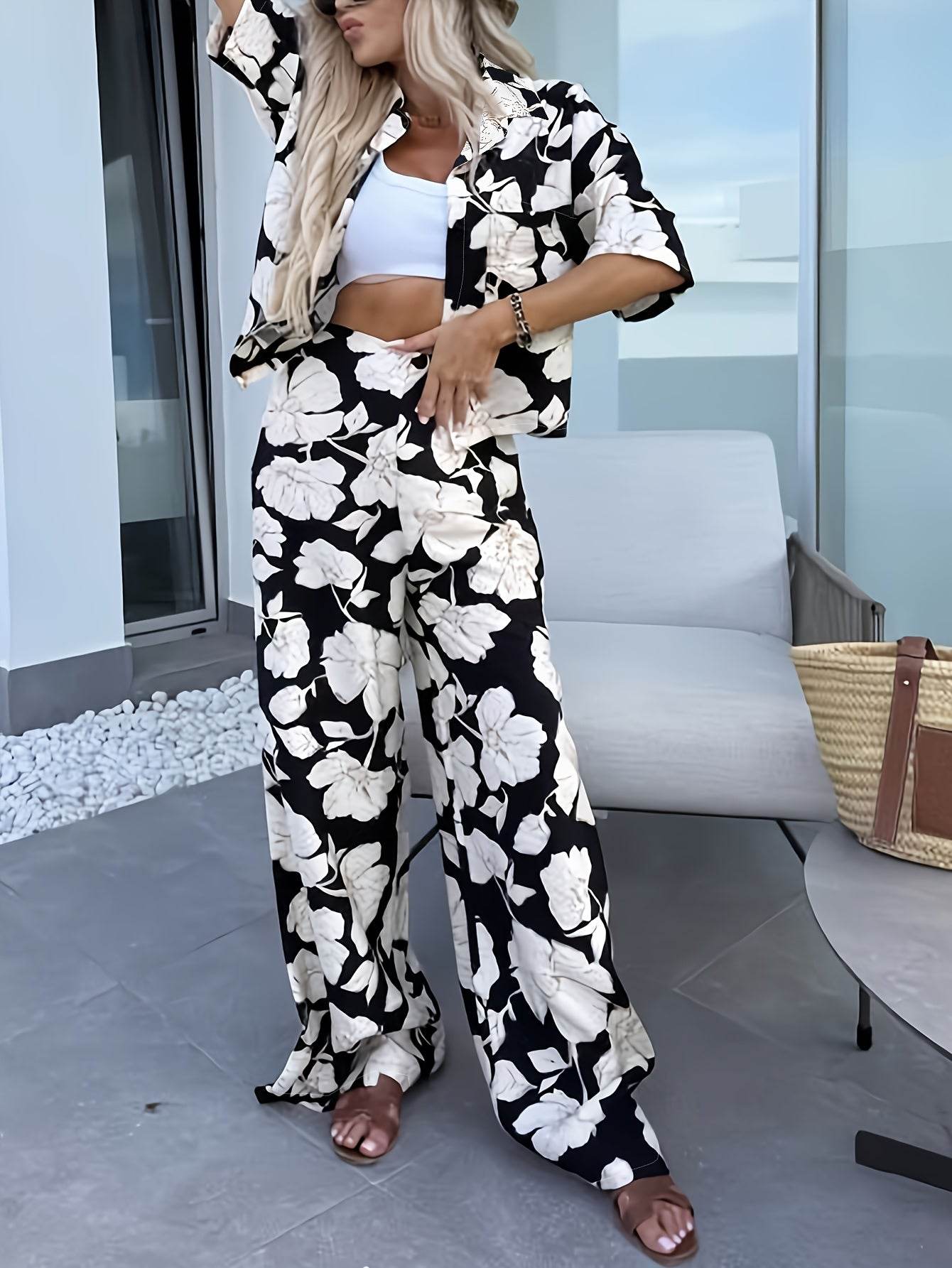 Elegant Women's Summer Floral Shirt & Pants Set - 2pcs - Buy Center