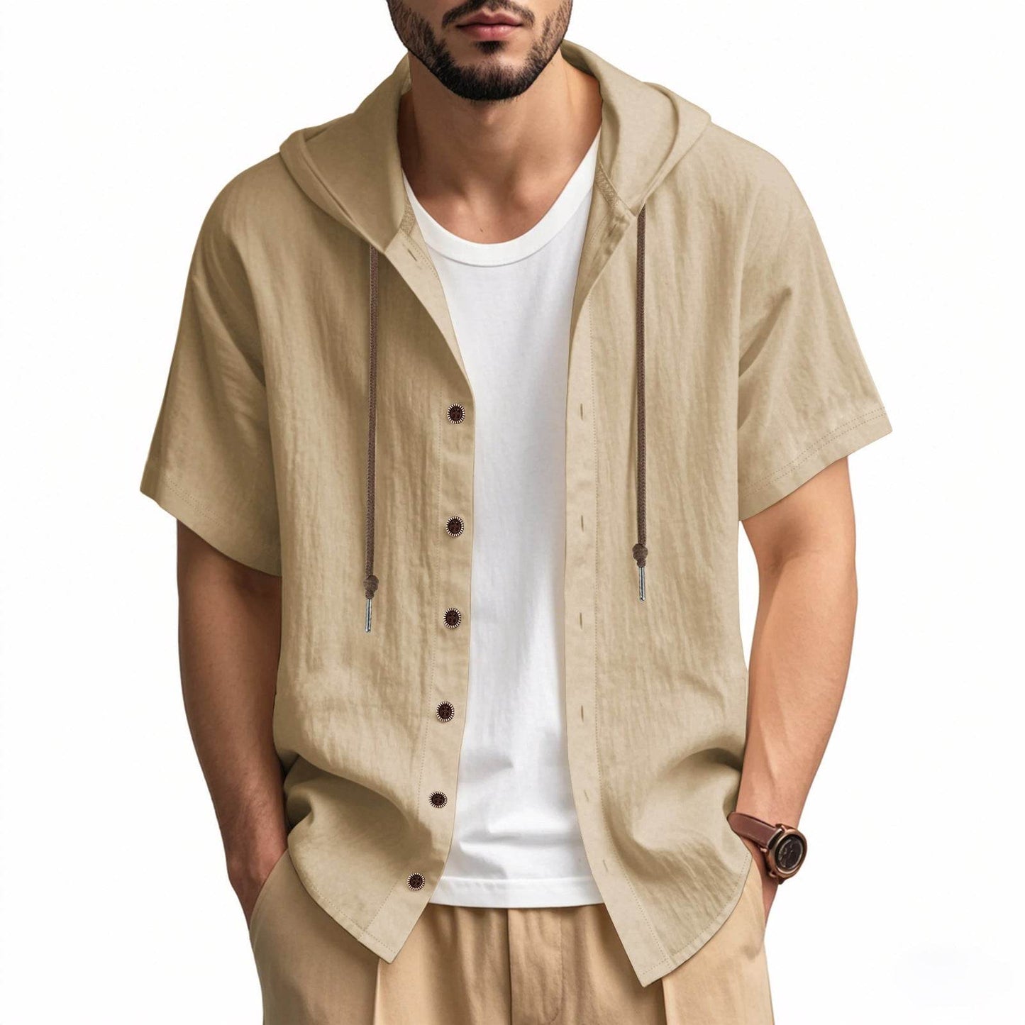 Buycenter Men's Loose Hooded Shirt - Casual Linen Top for Everyday Style - Buy Center
