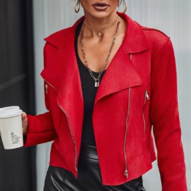 Chic Red Suede Motorcycle Jacket - Trendy Women's Fashion 2025 - Buy Center