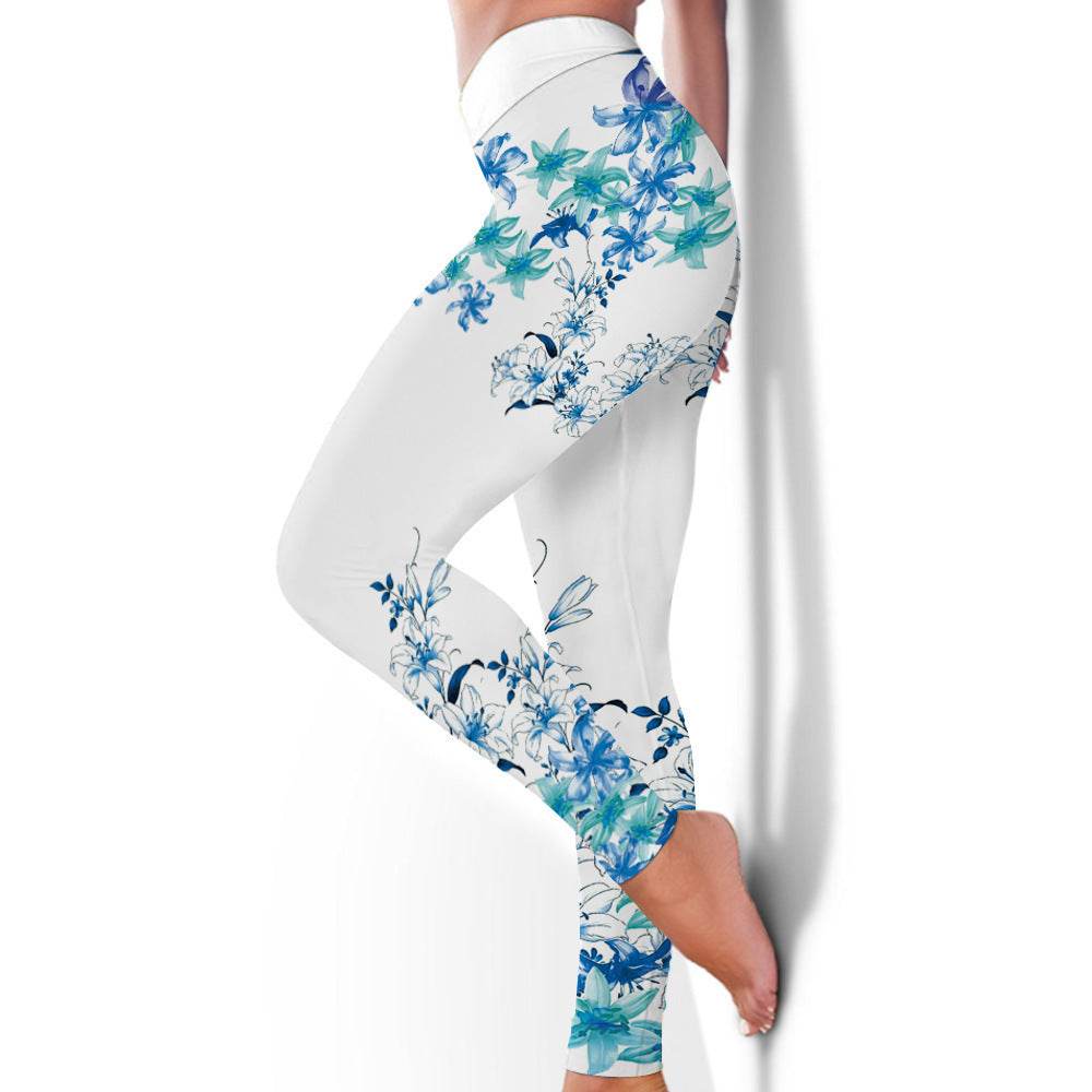 Buycenter Women's Blue Flower Printed Hip Lifting Pants for Fitness - Buy Center