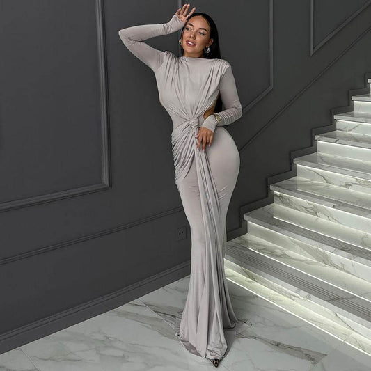 Women’s Long Sleeve Slimming Dress - Elegant Evening Wear in Black & Gray - Buy Center