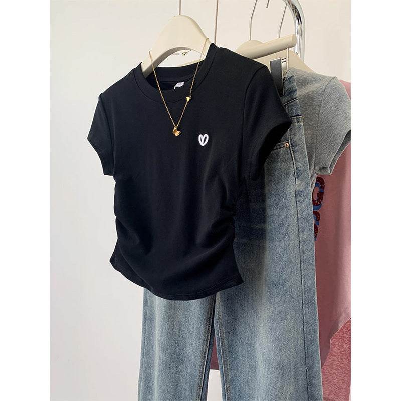 Buycenter Ladies Gray Short Sleeve T-shirt - Love Embroidery Design - Buy Center