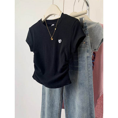 Buycenter Ladies Gray Short Sleeve T-shirt - Love Embroidery Design - Buy Center