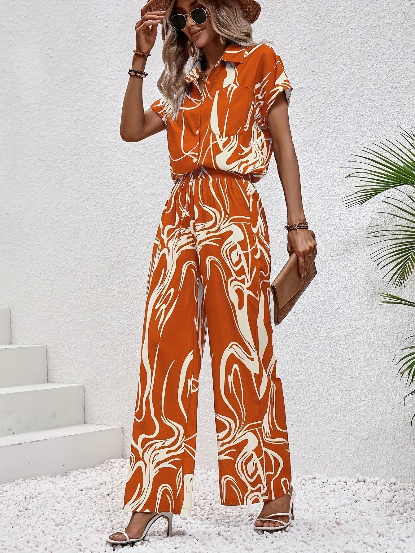 Elegant Women's Pants Set - Wide Leg Trousers & Short Sleeve Shirt - Buy Center