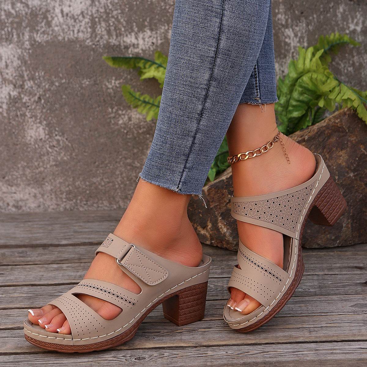 Buycenter Summer Square-Heeled Peep-Toe Slides - Comfortable Casual Slippers - Buy Center