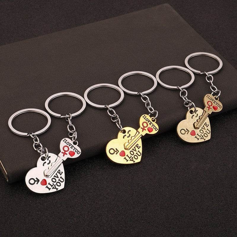 Creative Couple Keychain Set - Silver & Gold Heart Pendants for Love - Buy Center