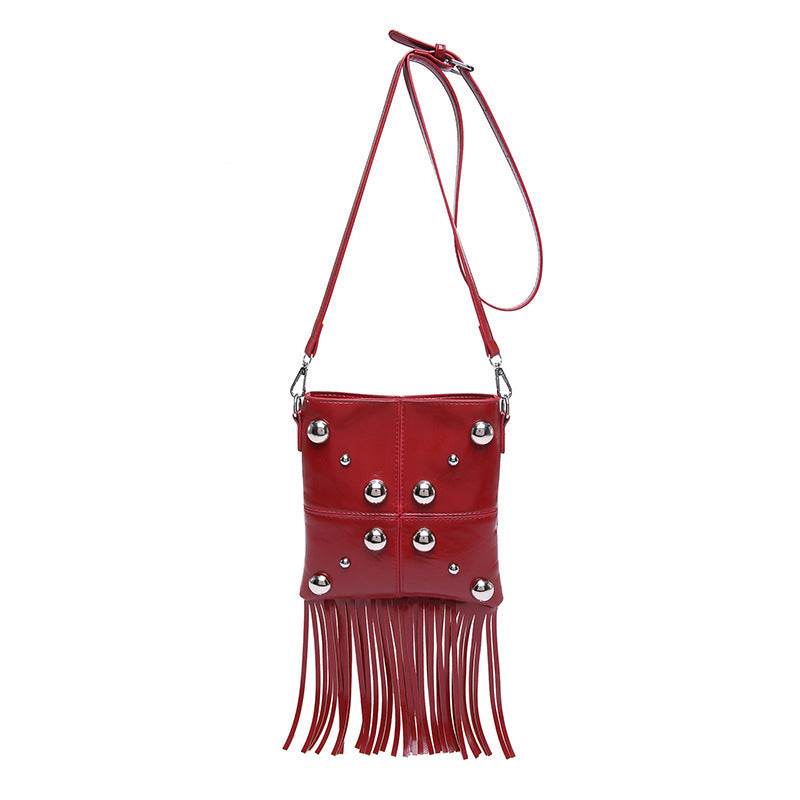 Buycenter Studded Shoulder Tassel Crossbody Bag - Trendy Bucket Style - Buy Center
