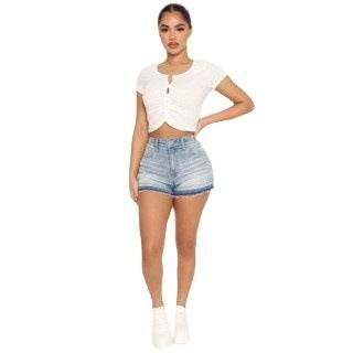 Women's High Waist Denim Shorts - Washed Frayed Hem & Elastic Fit - Buy Center