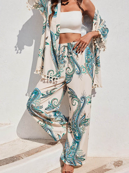 Elegant Women’s Peacock Print Kimono Top & Pants Set - Lightweight - Buy Center