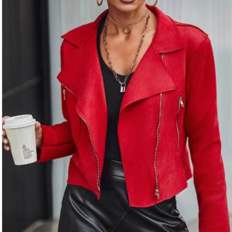 Chic Red Suede Motorcycle Jacket - Trendy Women's Fashion 2025 - Buy Center